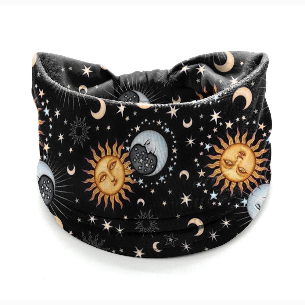 X45 Black Boho Sun & Moon Print Headband / Neck Gaiter | Black